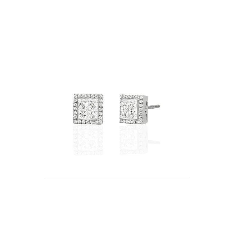 engagement earrings for women-Diamond Square Stud Earrings (14K)