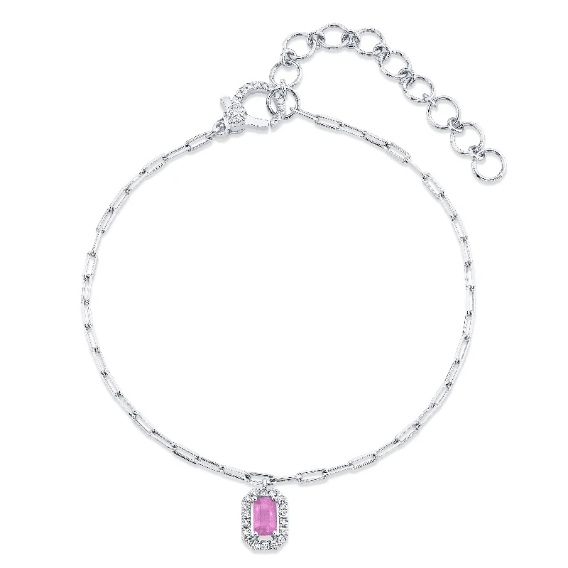 luxury charm anklets for women-MINI ME PINK SAPPHIRE & DIAMOND HALO DROP ANKLET