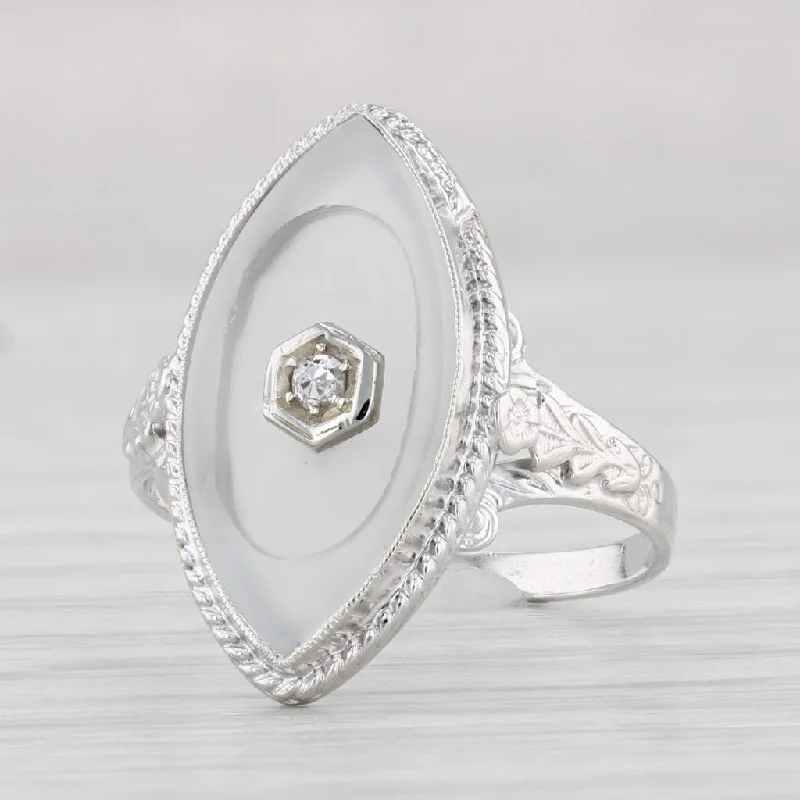 custom wedding and engagement rings for women-Vintage Frosted Camphor Glass Ring 14k White Gold Size 5 Diamond Accent