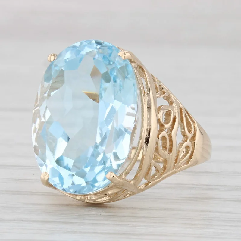 luxury halo engagement rings for women-18ct Oval Blue Topaz Solitaire Ring 14k Yellow Gold Size 7.5 Openwork