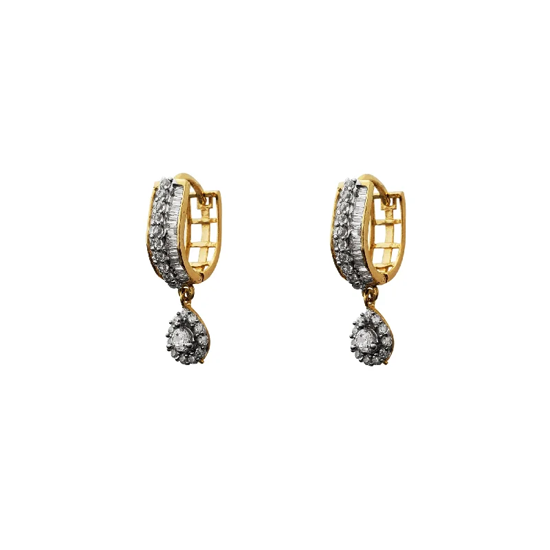 cubic zirconia earrings for women-Pave Baguettes & Round Teardrop U-Shape Huggie Earrings (14K)