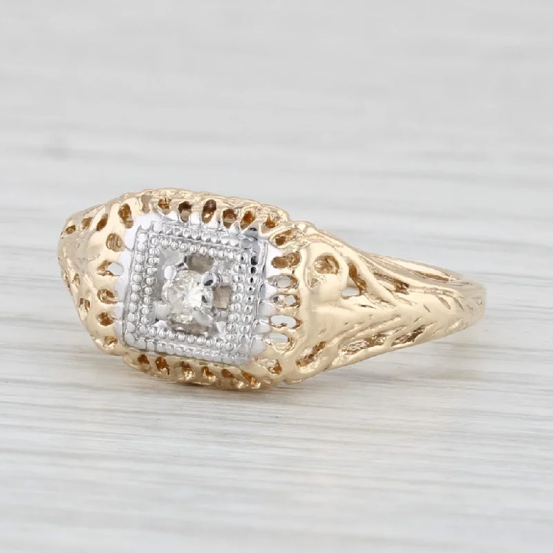 affordable engagement rings for women-Diamond Solitaire Ring 10k Gold Vintage Filigree Size 6.25