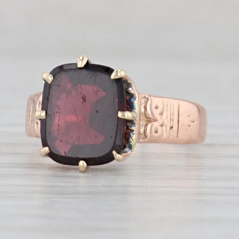 radiant-cut engagement rings for women-Victorian 2.40ct Garnet Ring 13k Rose Gold Cushion Solitaire Size 5.5