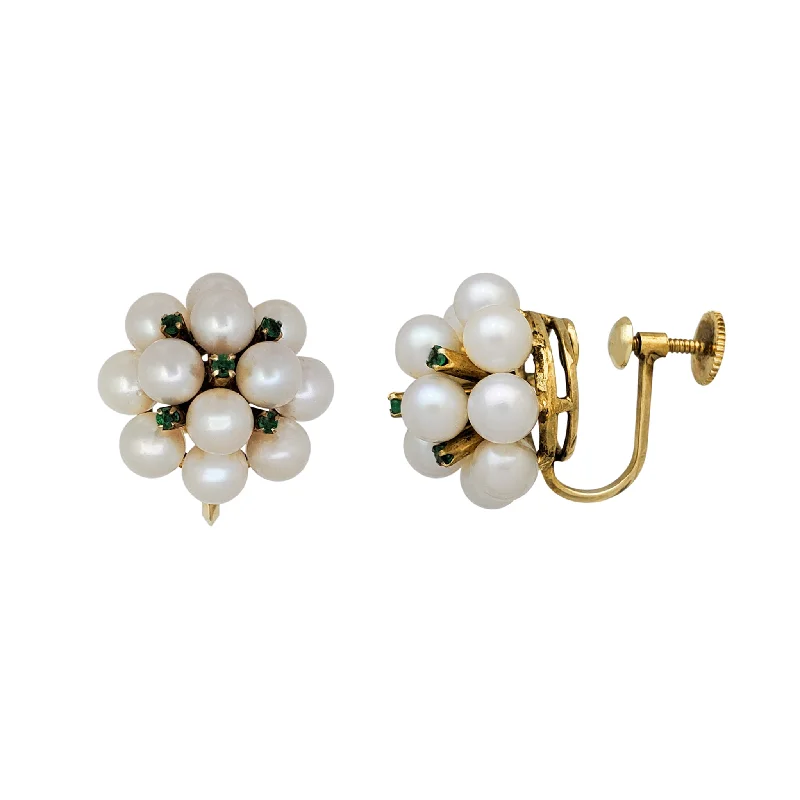 silver earrings for women-Cluster Pearl & Emerald Non-Pierced Earrings (14K)