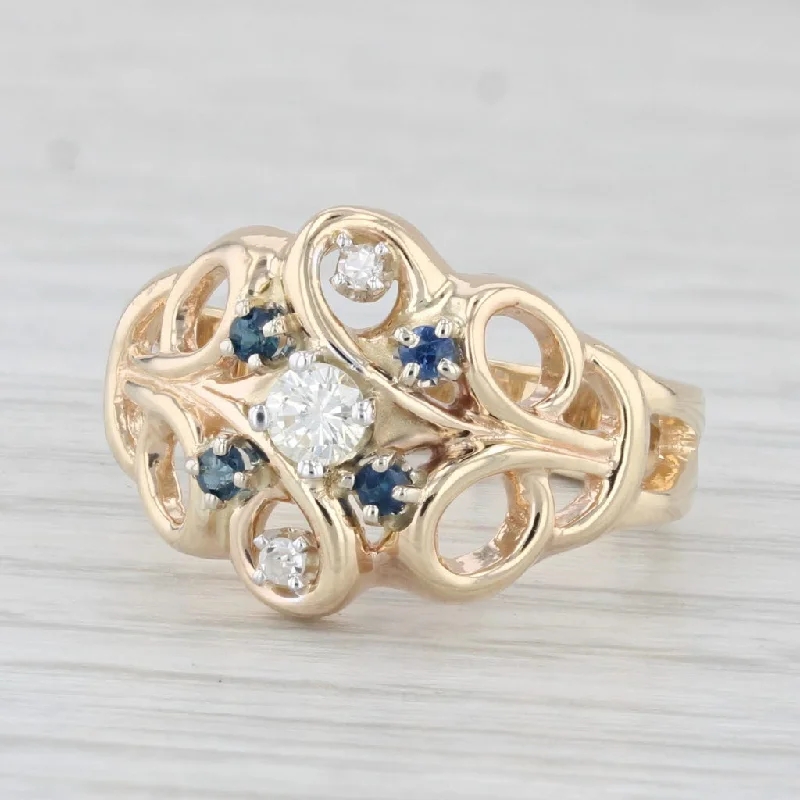 vintage engagement rings for women-0.26ctw Diamond Blue Sapphire Ring 14k Yellow Gold Openwork Size 6.5