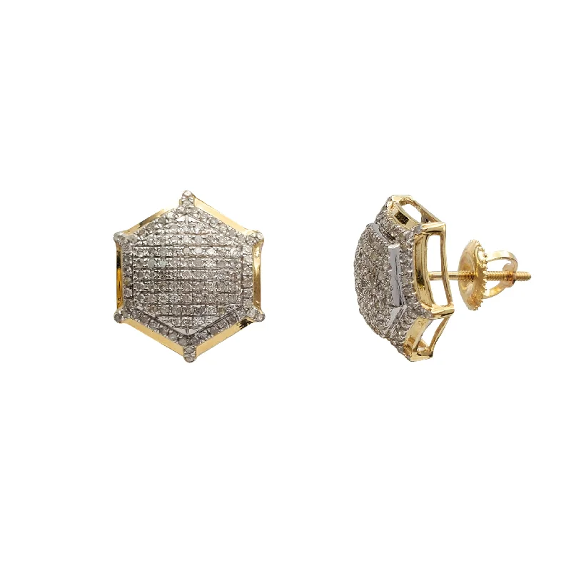 double stud earrings for women-Diamond Iced-Out Hexagon Stud Earrings (10K)