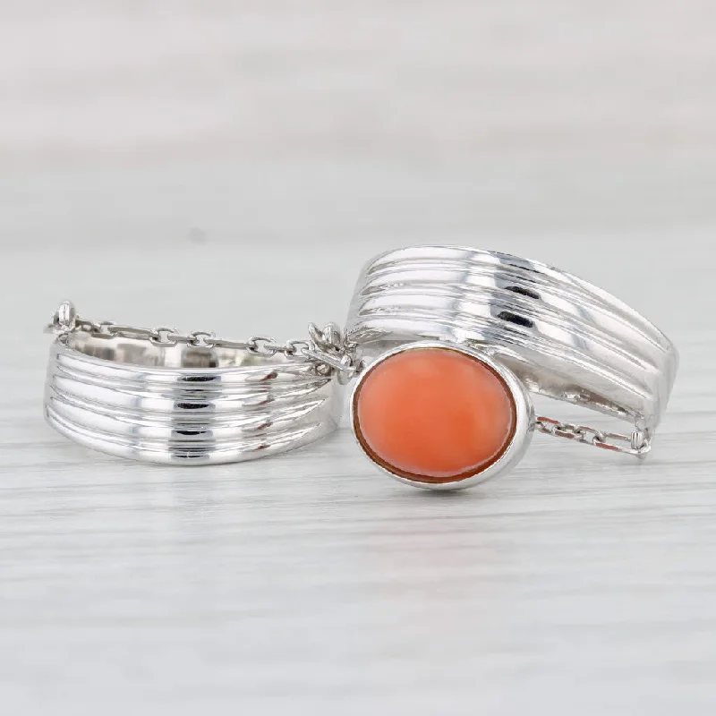 delicate engagement rings for women-Coral Linked 2 Ring Set 14k White Gold Size 8.75 & 7 Statement Unique Design