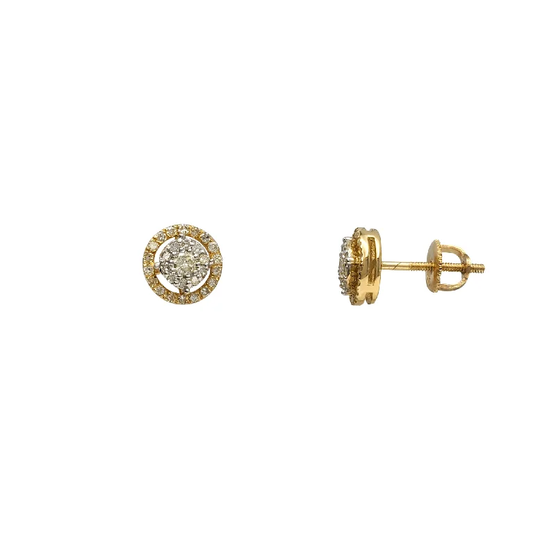 birthday gift earrings for women-Diamond Two-Tone Halo Round Stud Earrings (14K)