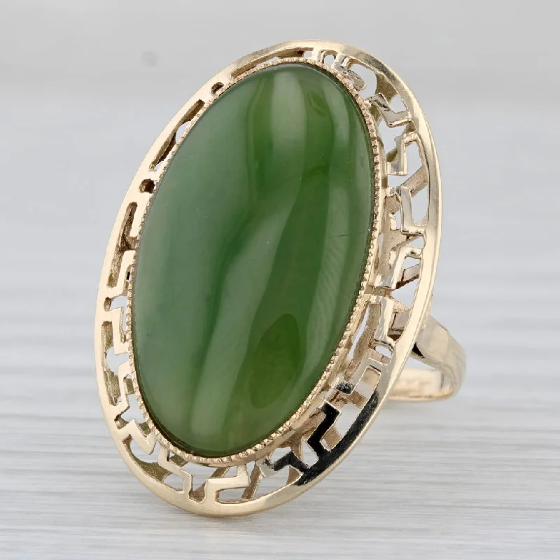 three-stone engagement rings for women-Green Nephrite Jade Greek Key Halo Ring 14k Yellow Gold Size 6 Oval Cabochon