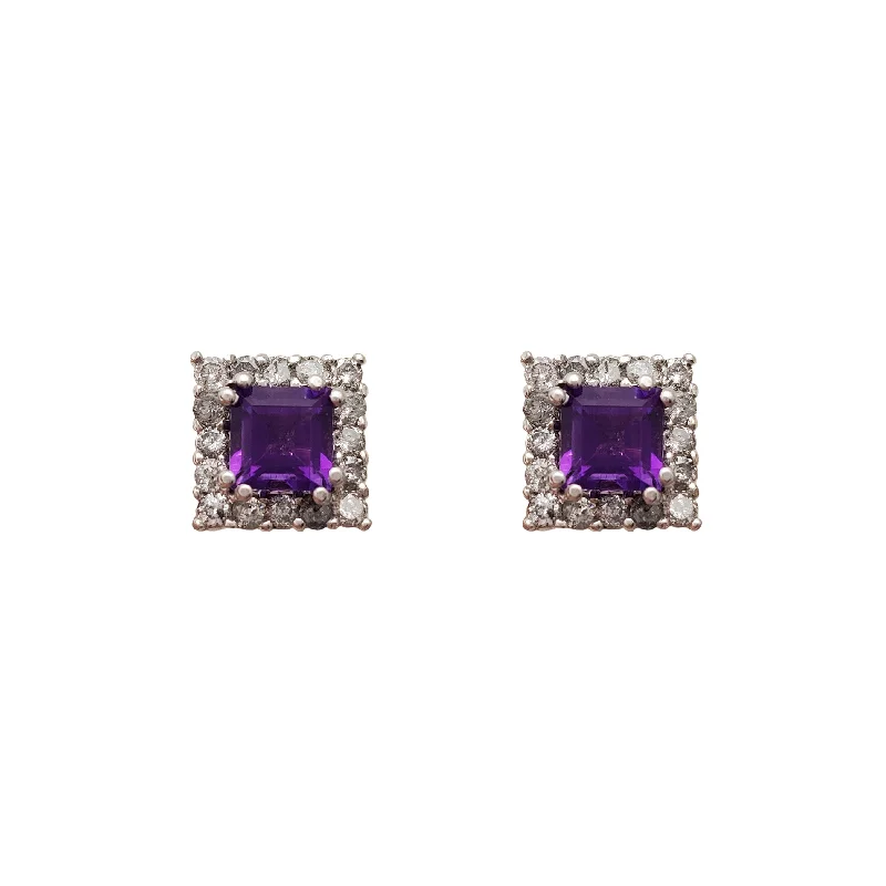 classic diamond earrings for women-Diamond Halo Princess-Cut Square Amethyst Stud Earrings (14K)