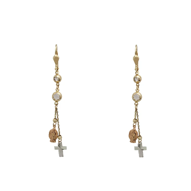 sapphire earrings for women-Zirconia Tricolor Virgin Mary & Cross Dangling Earrings (14K)