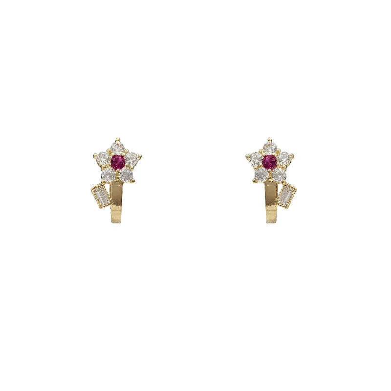 elegant earrings for women-Red Zirconia Flower Huggie Earrings (14K)