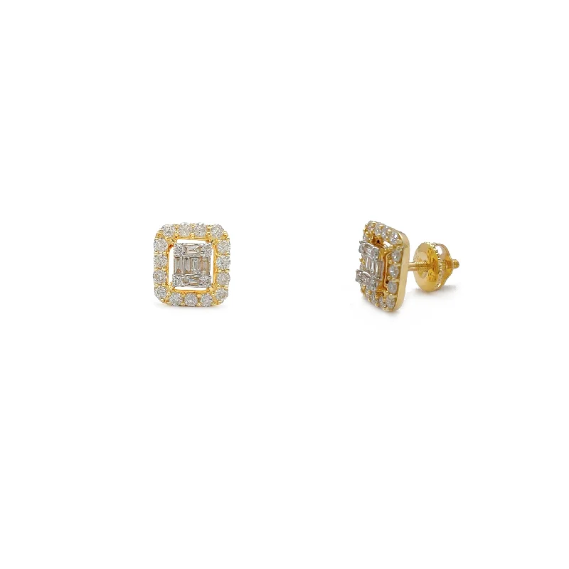 personalized earrings for women-Baguette Rounded Square Halo Diamond Stud Earrings (14K)