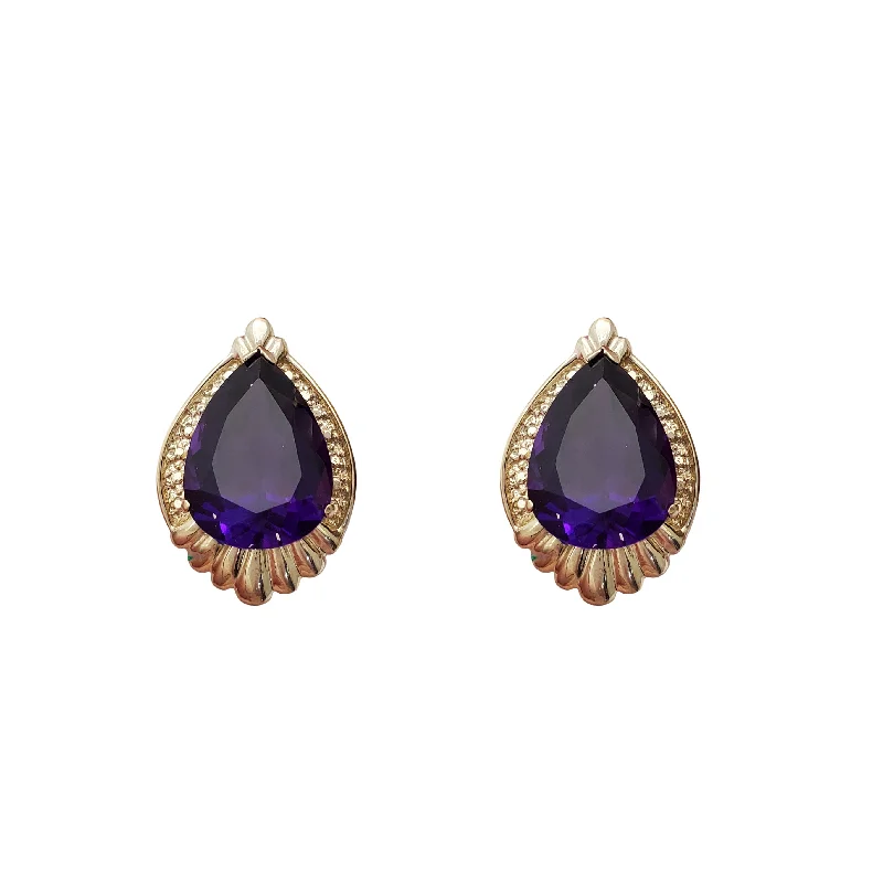 chic earrings for women-Pear-Shaped Amethyst Ornate Bezel Stud Earrings (14K)