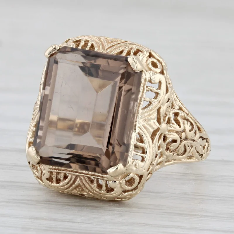 vintage-inspired halo engagement rings for women-5.40ct Smoky Quartz Solitaire Ring 10k Yellow Gold Size 4.75 Floral Filigree