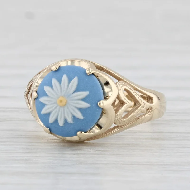 luxury engagement rings for women-Ceramic Wedgewood Flower Ring 10k Yellow Gold Size 5.25 Heart Accents Vintage