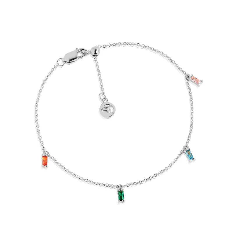 luxury anklets for women-Princess Ankle Chain Silver Anklet w. Orange, Green, Blue & Pink Zirconias