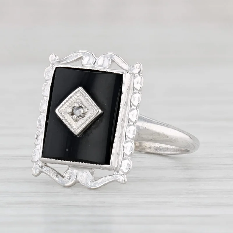 halo diamond engagement rings for women-Vintage Onyx Diamond Signet Ring 10k White Gold Size 4.5 PS Co