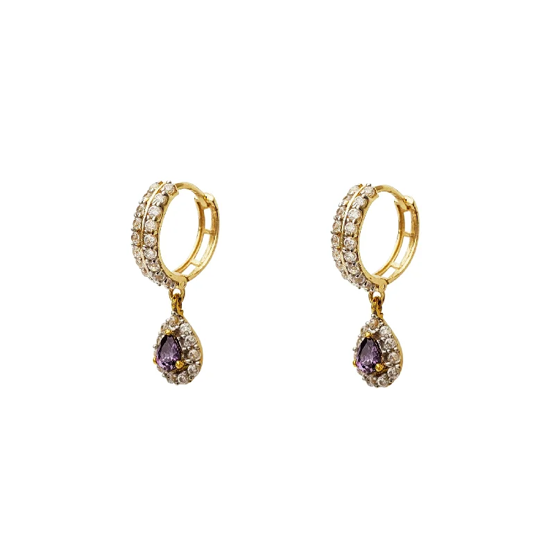 elegant earrings for women-Pave Two-Row Purple Teardrop Hanging Huggie Earrings (14K)