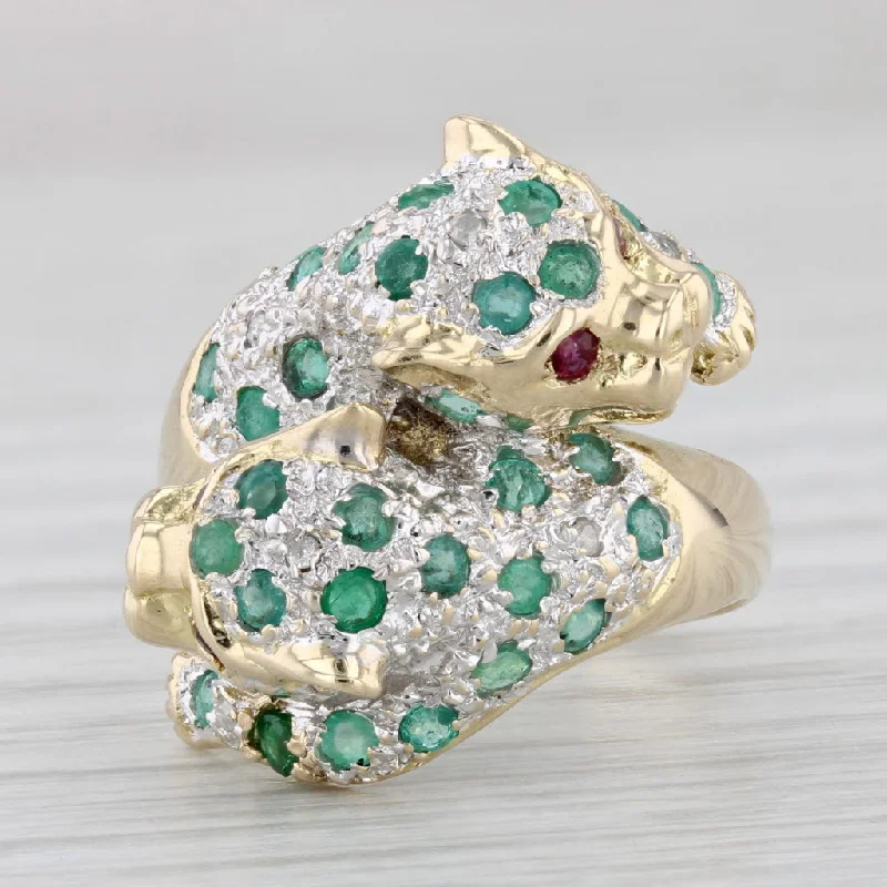 affordable engagement ring sets for women-0.76ctw Emerald Ruby Diamond Panther Ring 14k Yellow Gold Size 6.5