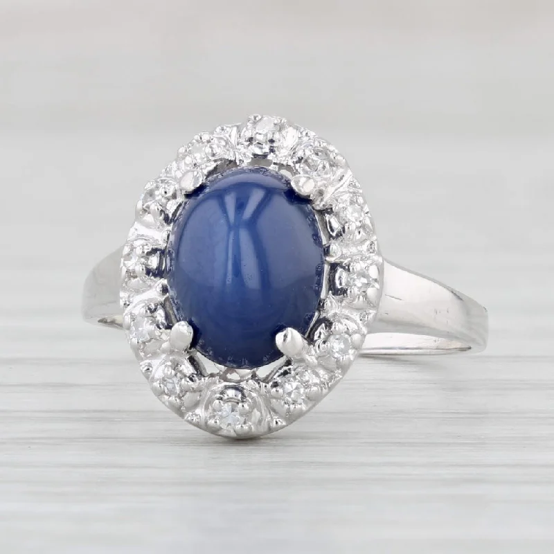 unique engagement rings for women-Lab Created Star Sapphire Diamond Halo Ring 14k White Gold Sz 6.25 Oval Cabochon