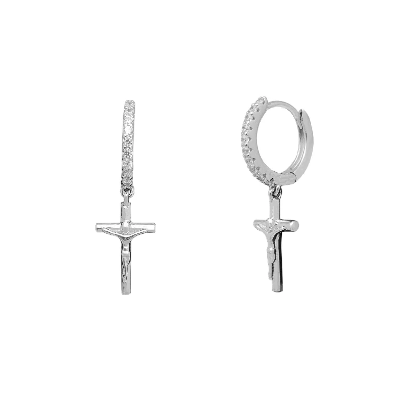 trendy crystal earrings for women-Zirconia Crucifix Dangling Huggie Earrings (Silver)