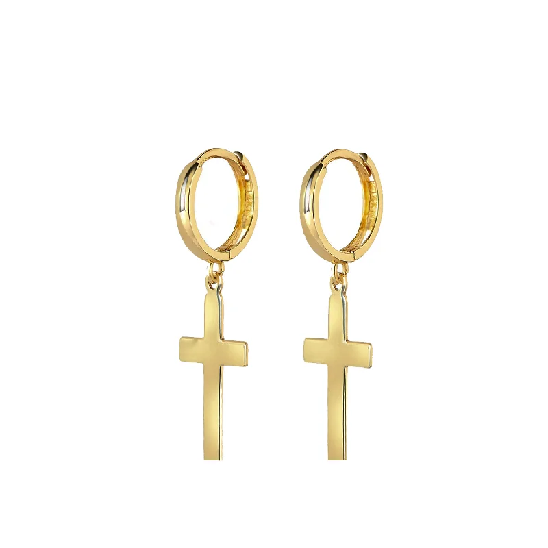 chic earrings for women-Plain Cross Huggie Earring (14K)