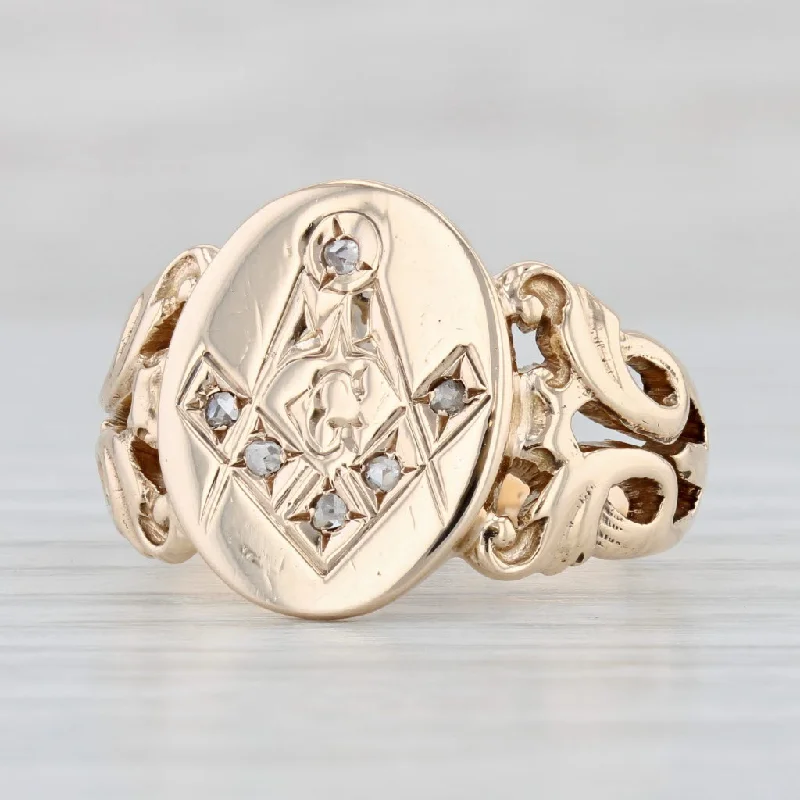 affordable rose gold engagement rings for women-Victorian Diamond Masonic Signet Ring 10k Gold Size 9.25 Square Compass Antique