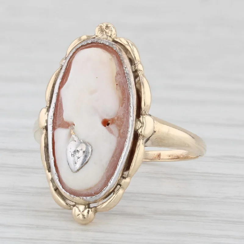 simple engagement rings for women-Vintage Carved Shell Cameo Ring 10k Yellow Gold Size 4.75 Diamond Accent