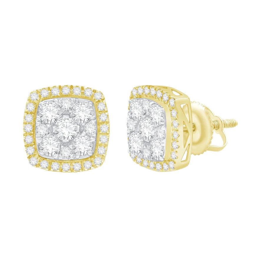 crystal heart earrings for women-Diamond Two-Tone Round Cluster Square Stud Earrings (14K)