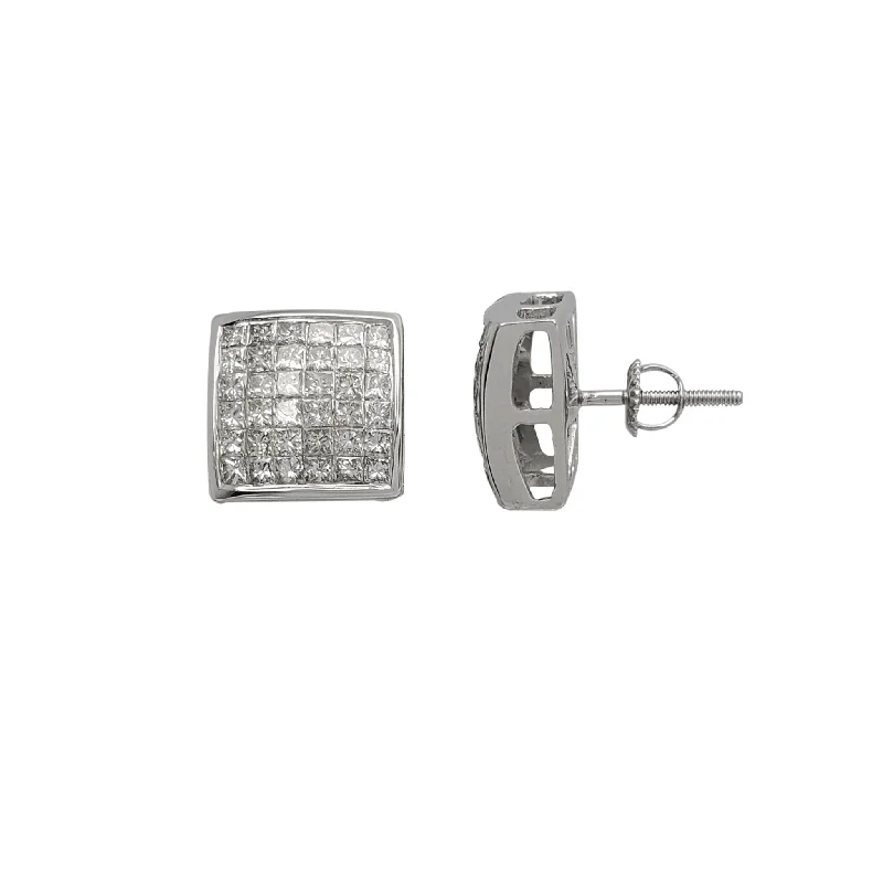 silver stud earrings for women-Diamond Princess-cut Invisible-Set Square Stud Earrings (14K)