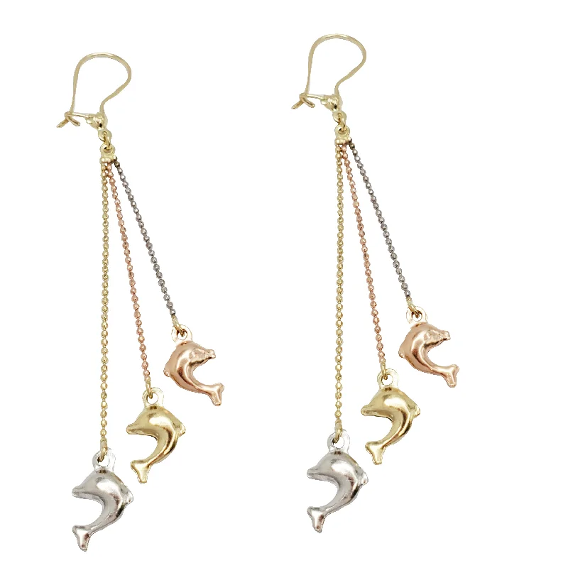 crystal earrings for women-Tricolor Dolphins Dangling Earrings (14K)