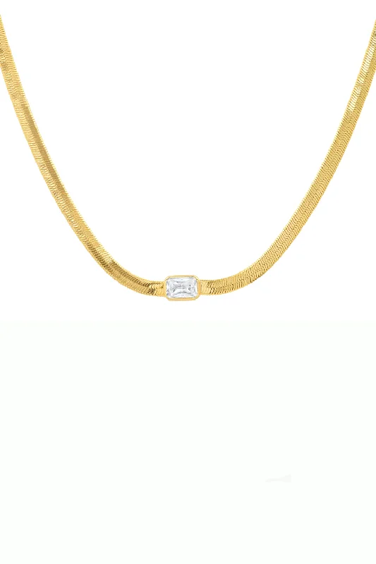 gold necklaces for women-Gold Herringbone Chain with Center Stone