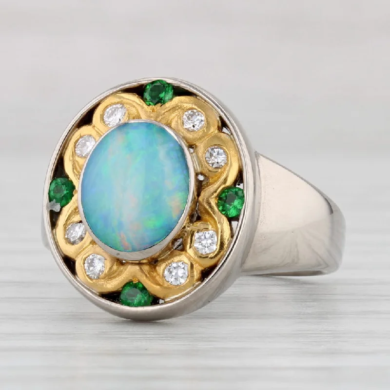 emerald engagement rings with diamonds for women-Opal Diamond Tsavorite Garnet Ring 18k 999 Gold Size 6.25-6.5 Custom Made