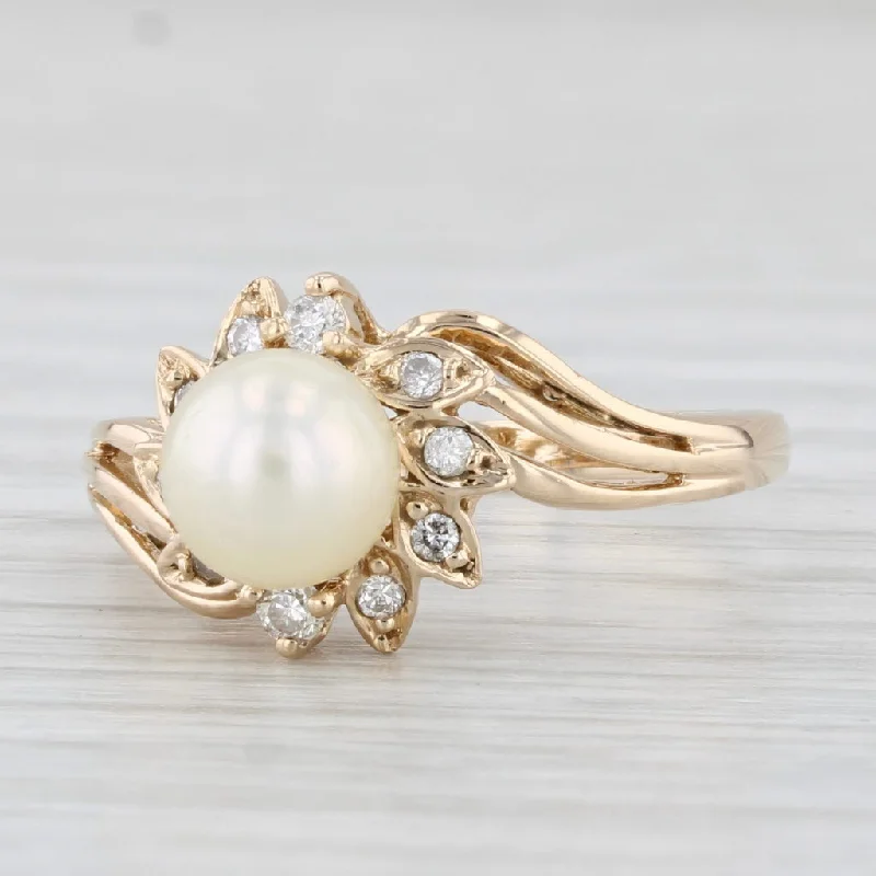 elegant engagement rings with diamonds for women-Cultured Pearl 0.11ctw Diamond Halo Ring 14k Yellow Gold Size 6.25