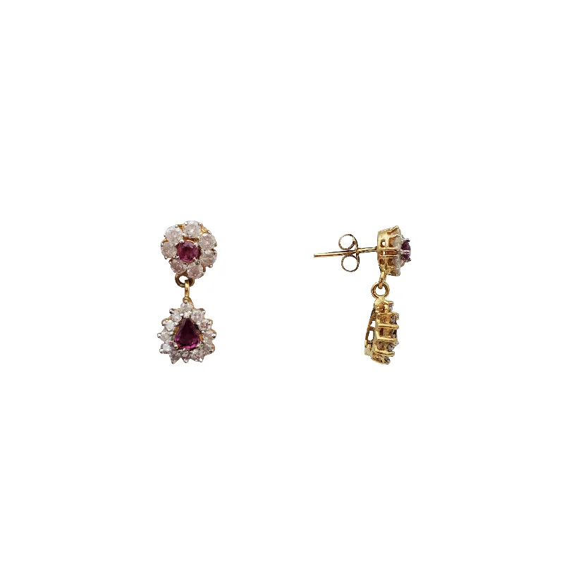 contemporary earrings for women-Dangling Diamond & Ruby Flower Stud Earrings (14K)