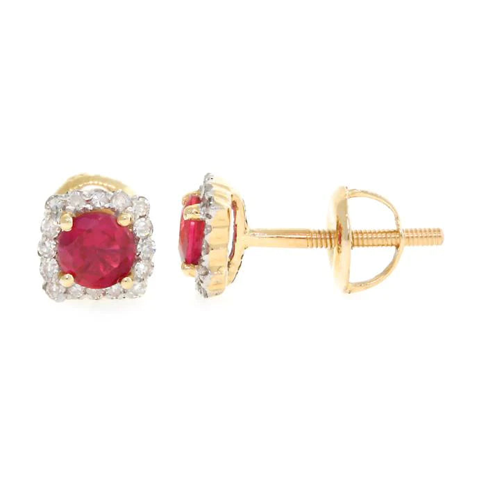 classic hoop earrings for women-Solid Gold Ruby & Diamond Halo Stud Earrings ( 14k )