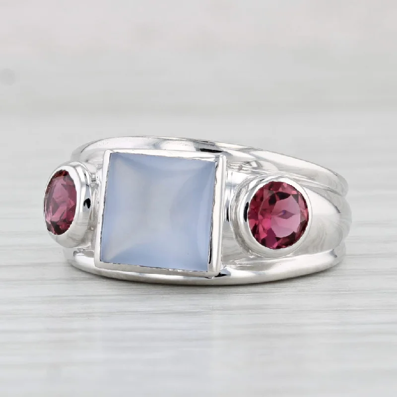 custom-designed engagement rings for women-Blue Chalcedony Pink Tourmaline Ring 14k White Gold Size 6.75