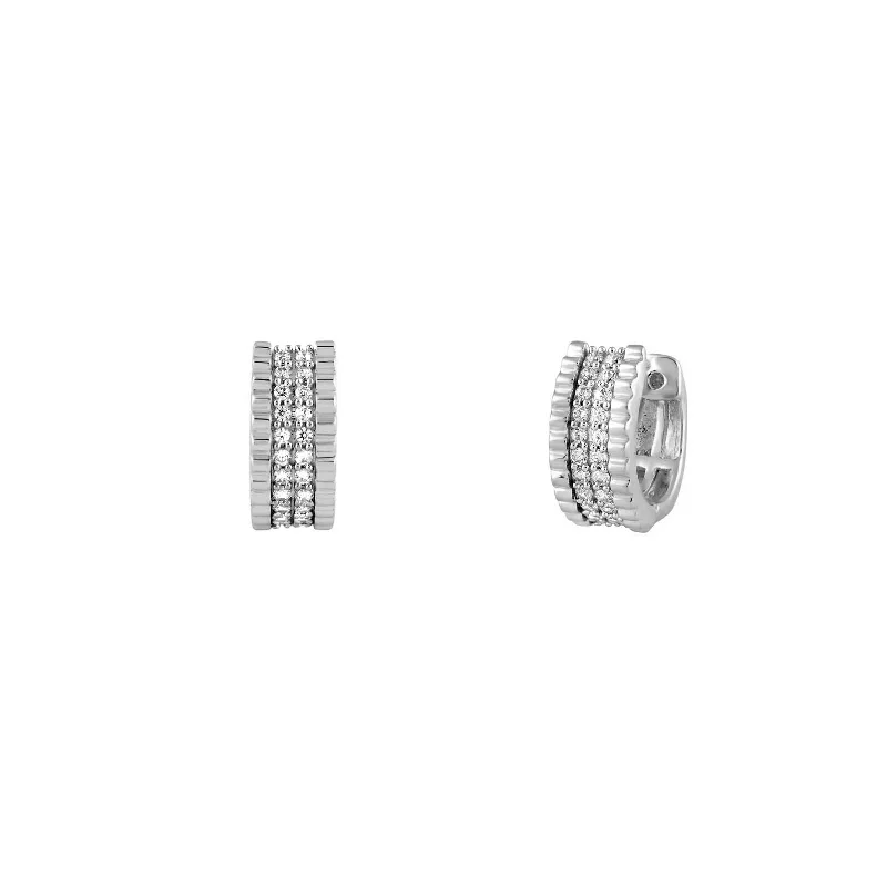 silver hoop earrings for women-Diamond Ridged Huggie Earrings (14K)