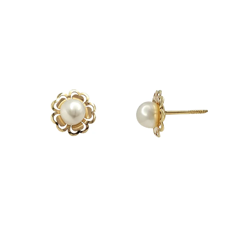 yellow gold earrings for women-Outlined Petals Pearl Stud Earrings (14K)