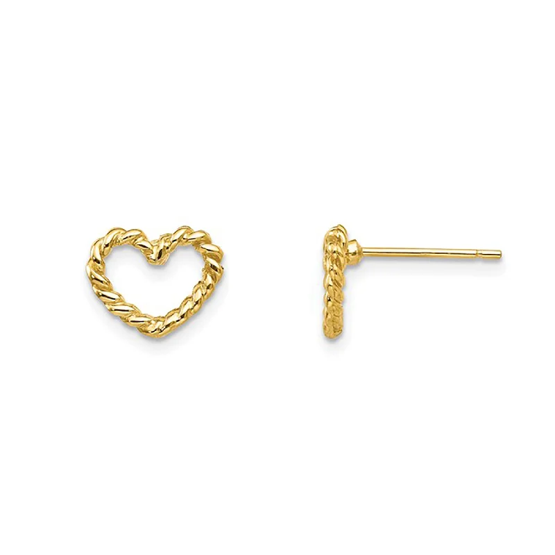 luxury gemstone earrings for women-Rope Textured Outline Heart Stud Earrings (14K)