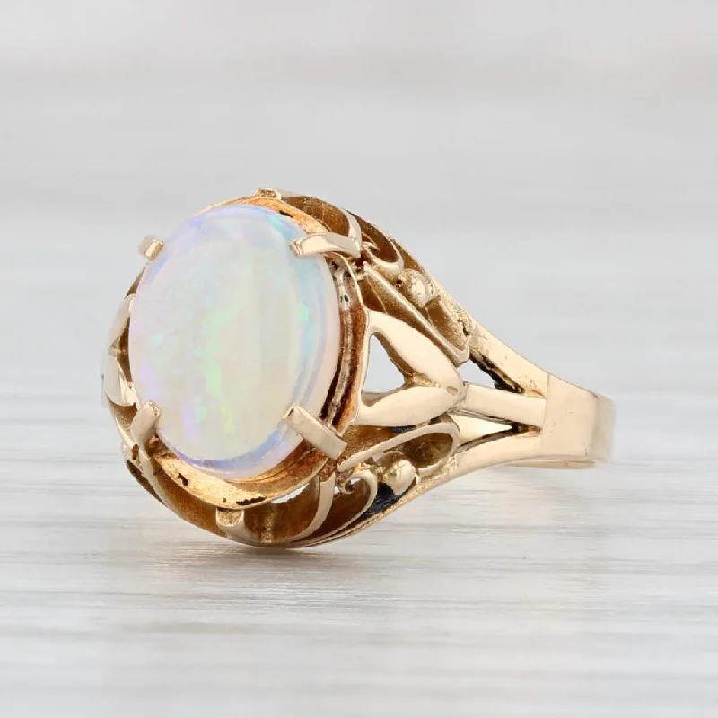 custom diamond engagement rings for women-Vintage Ornate Opal Ring 18k Yellow Gold Size 5.25 Oval Cabochon Solitaire