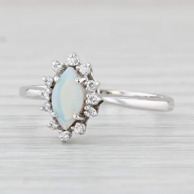 personalized engagement rings for women-Marquise Cabochon Opal Diamond Halo Ring 10k White Gold Size 8.25