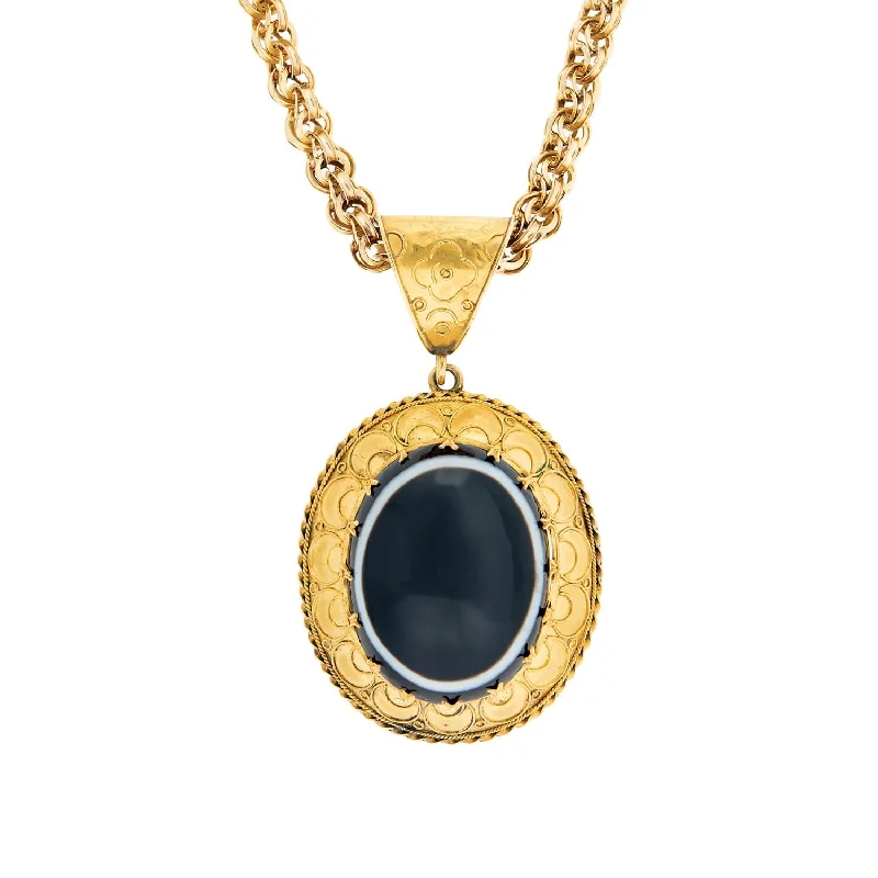 luxury necklaces for women-Victorian 18k Banded Agate Etruscan Pendant Necklace