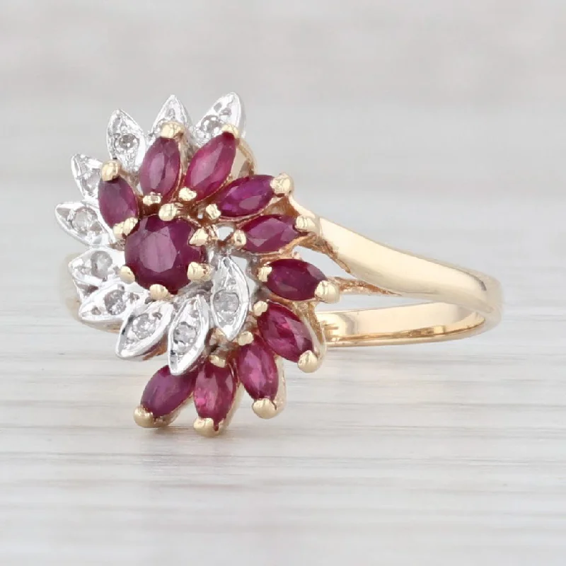 unique gemstone engagement rings for women-0.83ctw Ruby Diamond Swirl Flower Cluster Ring 14k Yellow Gold Size 8