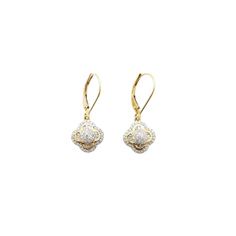 creative earrings for women-Two-Tone Diamond Flower Hanging Earrings (14K)