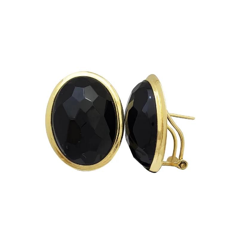 diamond drop earrings for women-Oval Faceted Black Onyx Omega-Back Earrings (14K)