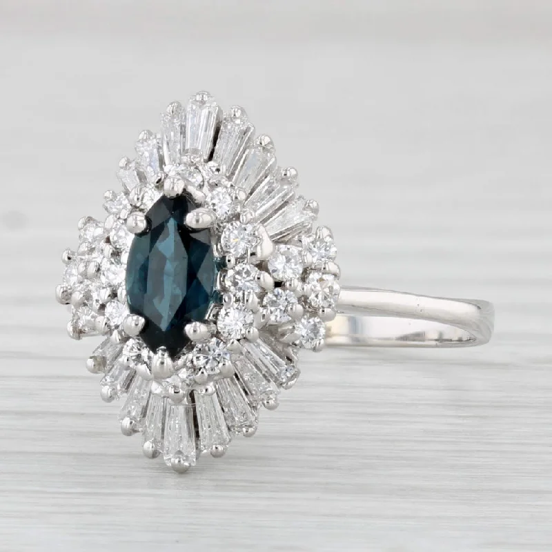 antique-style engagement rings for women-Vintage 1.42ctw Marquise Blue Sapphire Diamond Halo Ring 18k White Gold Sz 9.5