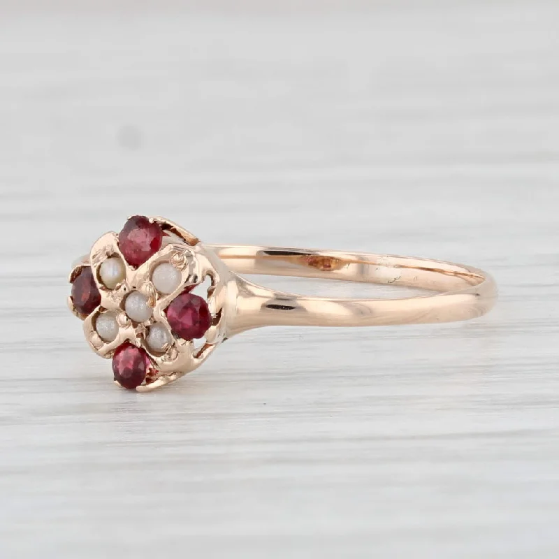 bridal sets engagement rings for women-Victorian Garnet Imitation Pearl Ring 10k Yellow Gold Size 7 Antique