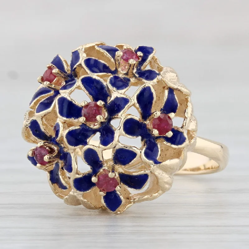 elegant engagement rings with diamonds for women-0.24ctw Ruby Blue Flower Cluster Ring 14k Yellow Gold Enamel Size 6.5